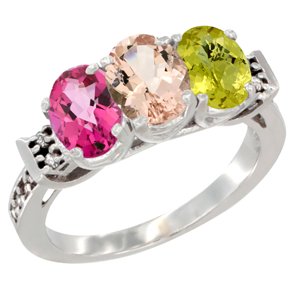 14K White Gold Natural Pink Topaz, Morganite &amp; Lemon Quartz Ring 3-Stone 7x5 mm Oval Diamond Accent, sizes 5 - 10