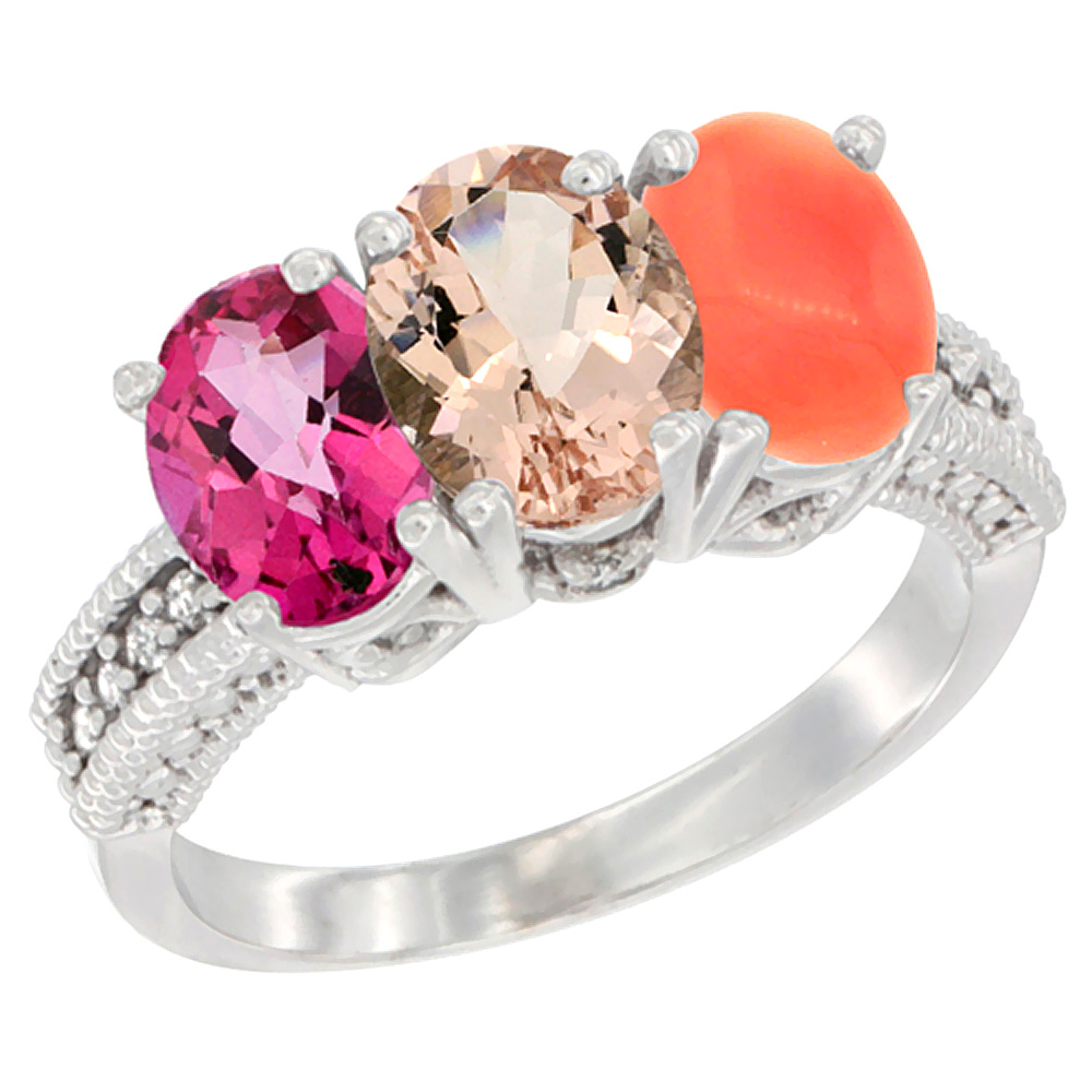 10K White Gold Natural Pink Topaz, Morganite &amp; Coral Ring 3-Stone Oval 7x5 mm Diamond Accent, sizes 5 - 10