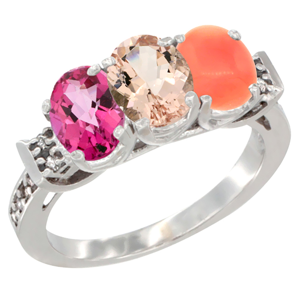 14K White Gold Natural Pink Topaz, Morganite & Coral Ring 3-Stone 7x5 mm Oval Diamond Accent, sizes 5 - 10