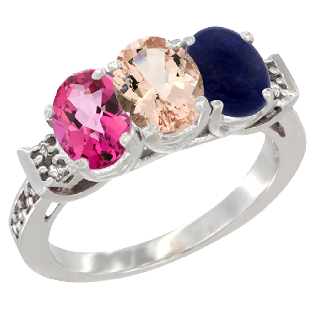 10K White Gold Natural Pink Topaz, Morganite & Lapis Ring 3-Stone Oval 7x5 mm Diamond Accent, sizes 5 - 10