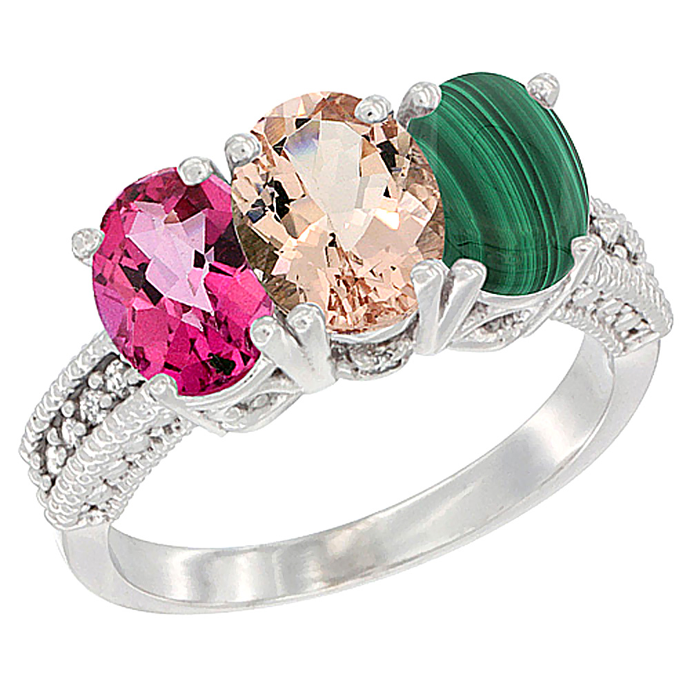 14K White Gold Natural Pink Topaz, Morganite & Malachite Ring 3-Stone 7x5 mm Oval Diamond Accent, sizes 5 - 10