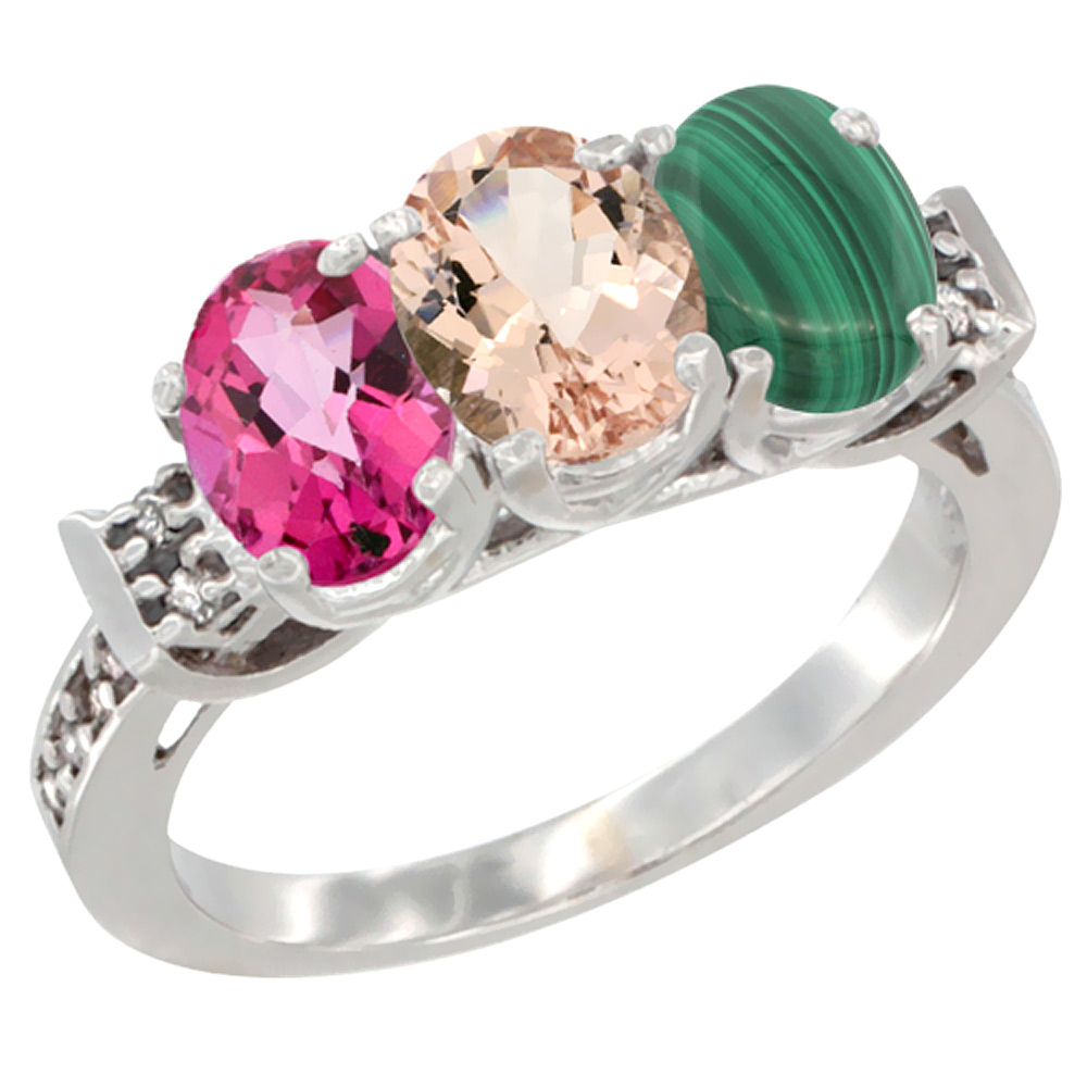 14K White Gold Natural Pink Topaz, Morganite & Malachite Ring 3-Stone 7x5 mm Oval Diamond Accent, sizes 5 - 10