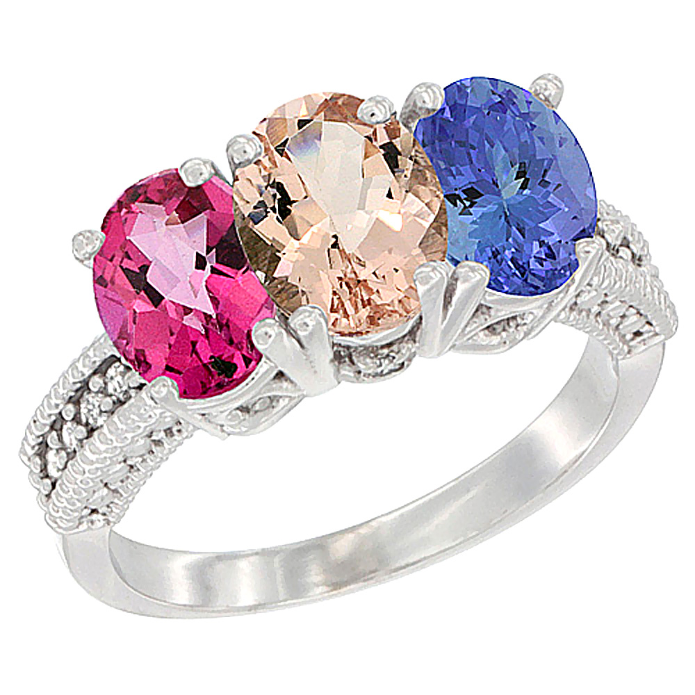 10K White Gold Natural Pink Topaz, Morganite & Tanzanite Ring 3-Stone Oval 7x5 mm Diamond Accent, sizes 5 - 10