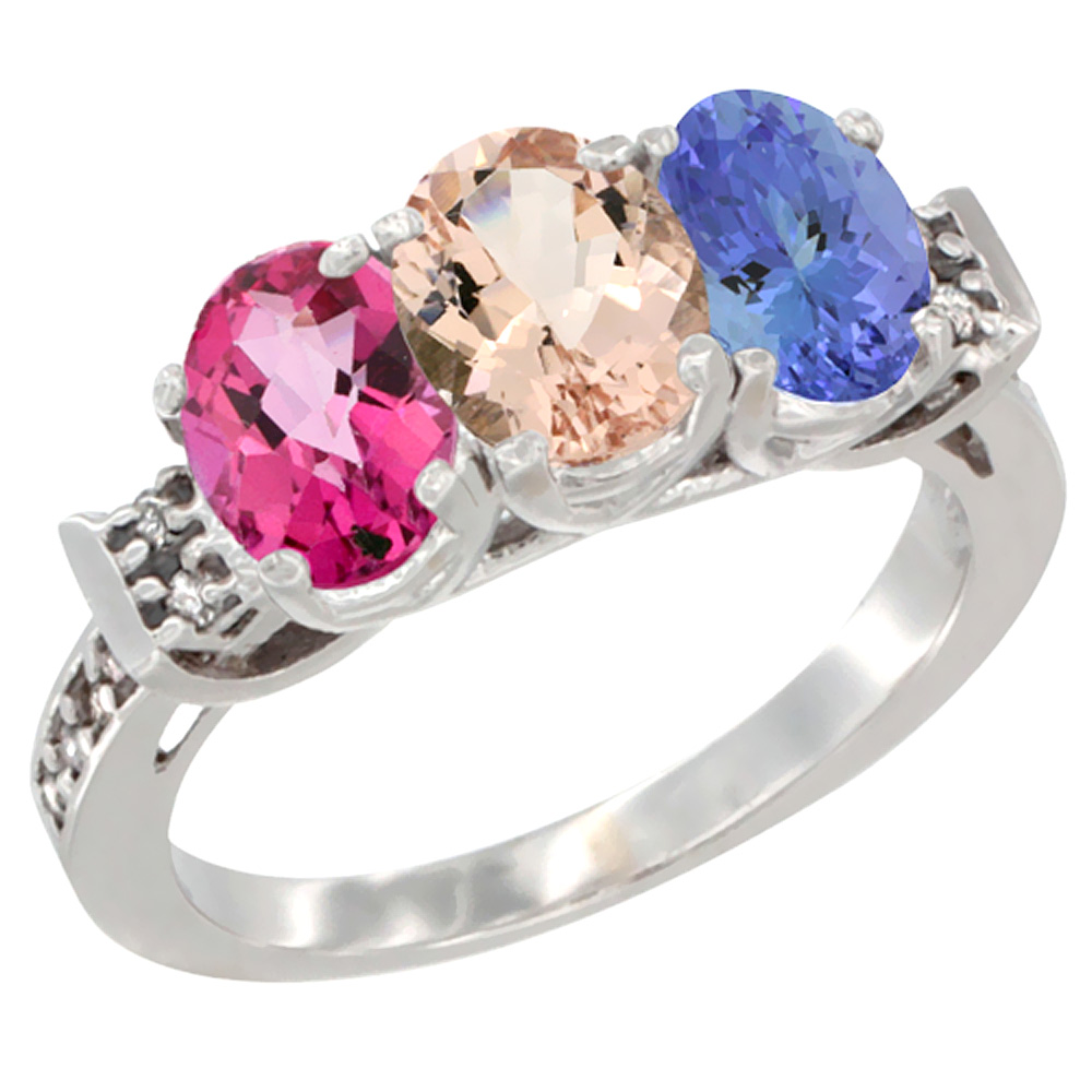 10K White Gold Natural Pink Topaz, Morganite & Tanzanite Ring 3-Stone Oval 7x5 mm Diamond Accent, sizes 5 - 10