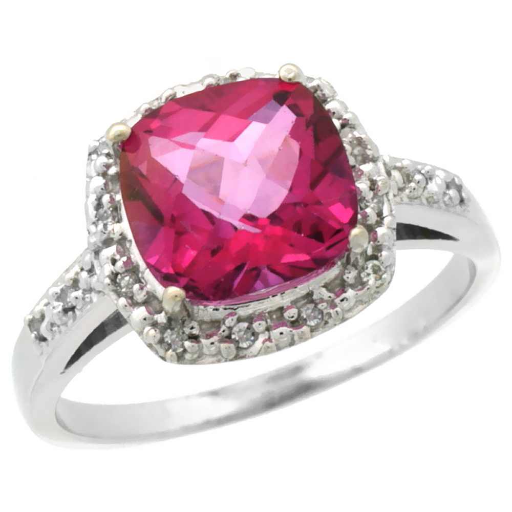 14K White Gold Diamond Natural Pink Topaz Ring Cushion-cut 8x8 mm, sizes 5-10