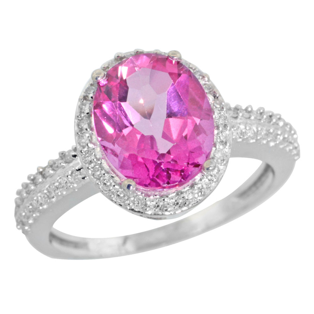 14K White Gold Diamond Natural Pink Topaz Engagement Ring Oval 10x8mm, sizes 5-10