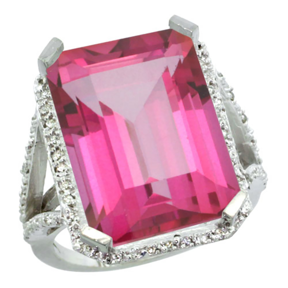 14K White Gold Diamond Natural Pink Topaz Ring Emerald-cut 18x13mm, sizes 5-10