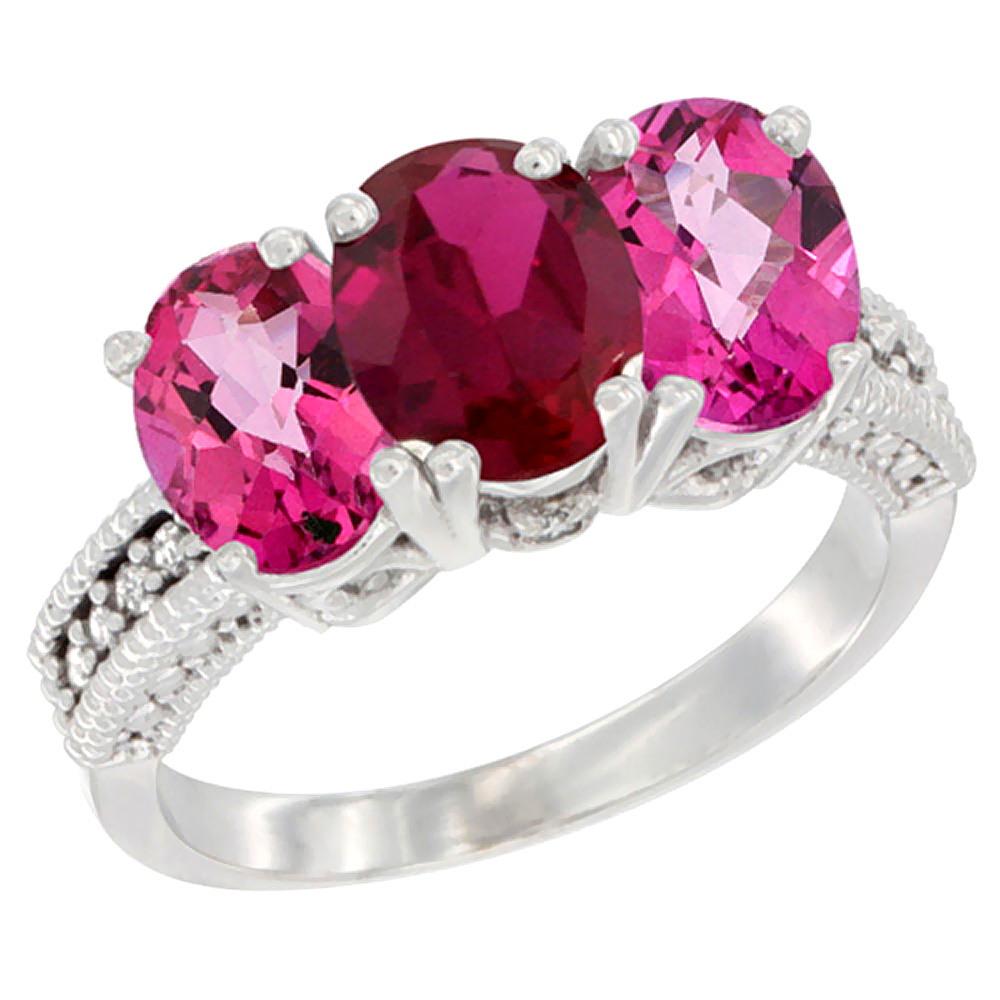 10K White Gold Enhanced Ruby & Natural Pink Topaz Sides Ring 3-Stone Oval 7x5 mm Diamond Accent, sizes 5 - 10