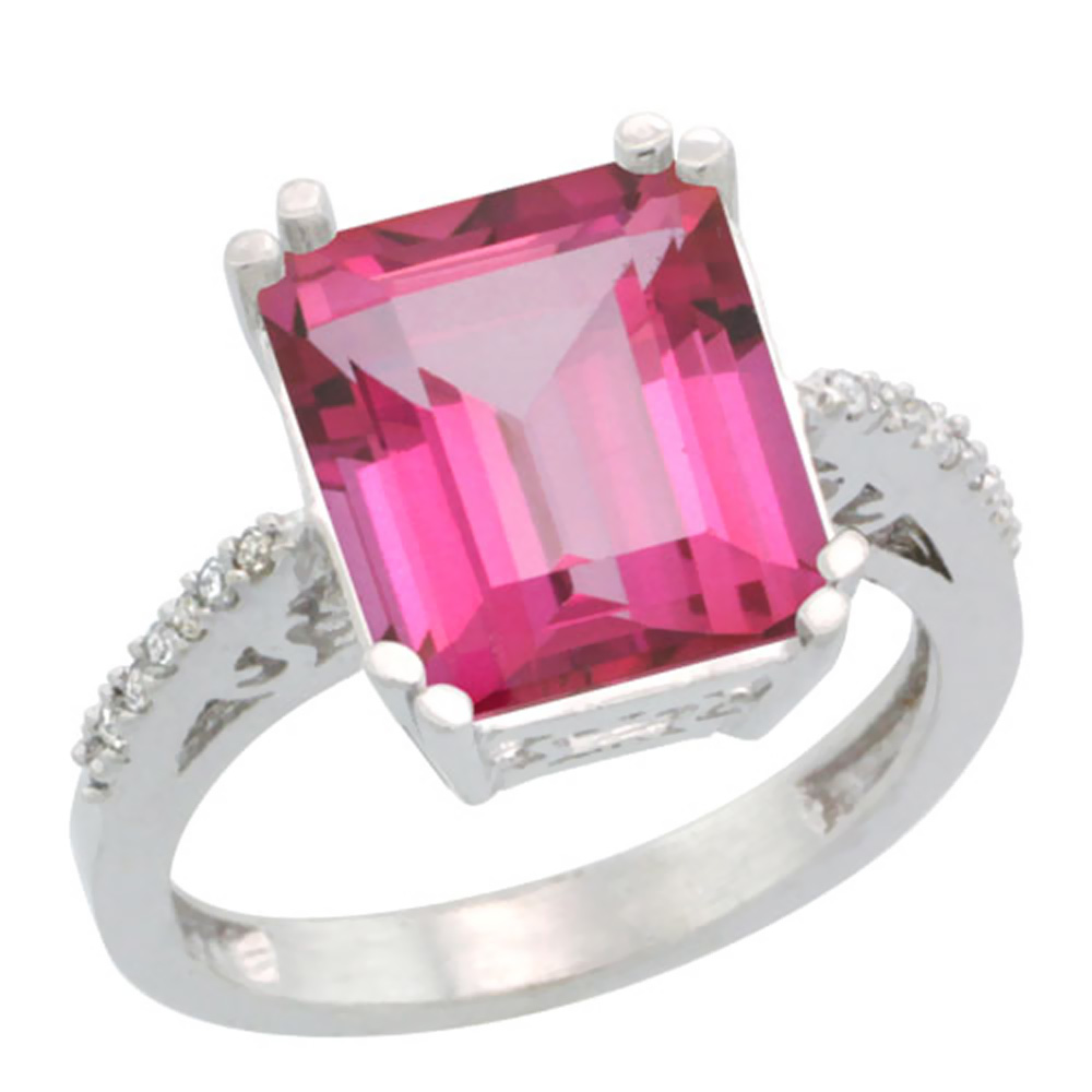 14K White Gold Diamond Natural Pink Topaz Ring Emerald-cut 12x10mm, sizes 5-10