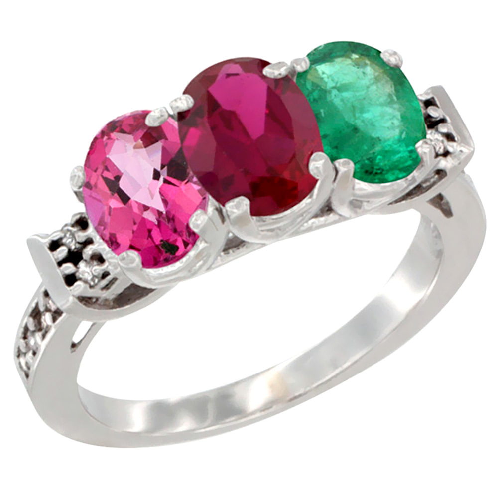 10K White Gold Natural Pink Topaz, Enhanced Ruby & Natural Emerald Ring 3-Stone Oval 7x5 mm Diamond Accent, sizes 5 - 10