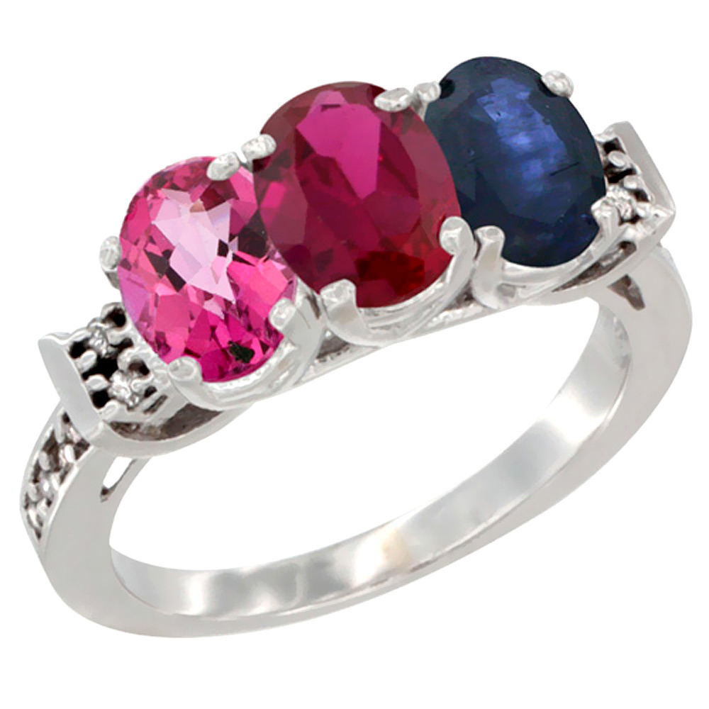 10K White Gold Natural Pink Topaz, Enhanced Ruby & Natural Blue Sapphire Ring 3-Stone Oval 7x5 mm Diamond Accent, sizes 5 - 10