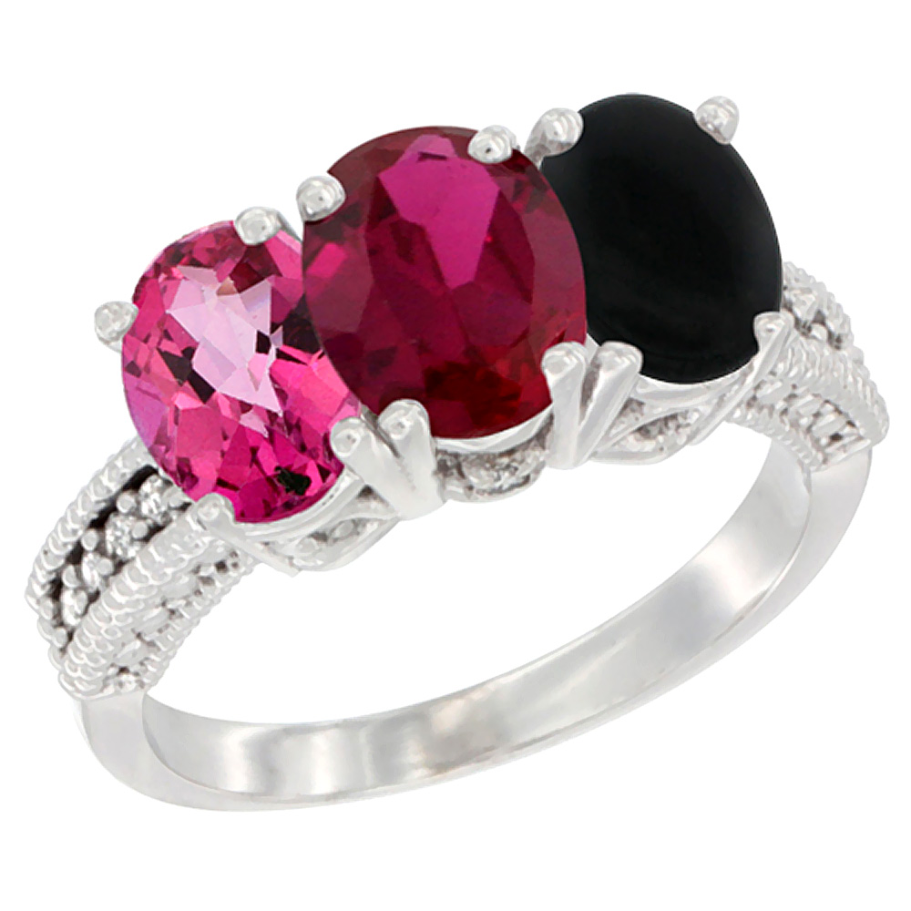 14K White Gold Natural Pink Topaz, Enhanced Ruby &amp; Natural Black Onyx Ring 3-Stone 7x5 mm Oval Diamond Accent, sizes 5 - 10
