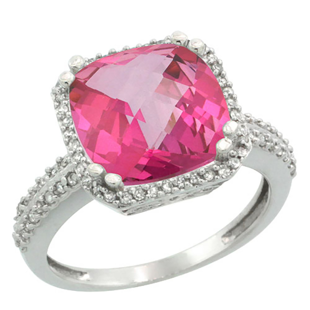 10k White Gold Natural Pink Topaz Ring Cushion-cut 11x11mm Diamond Halo, sizes 5-10