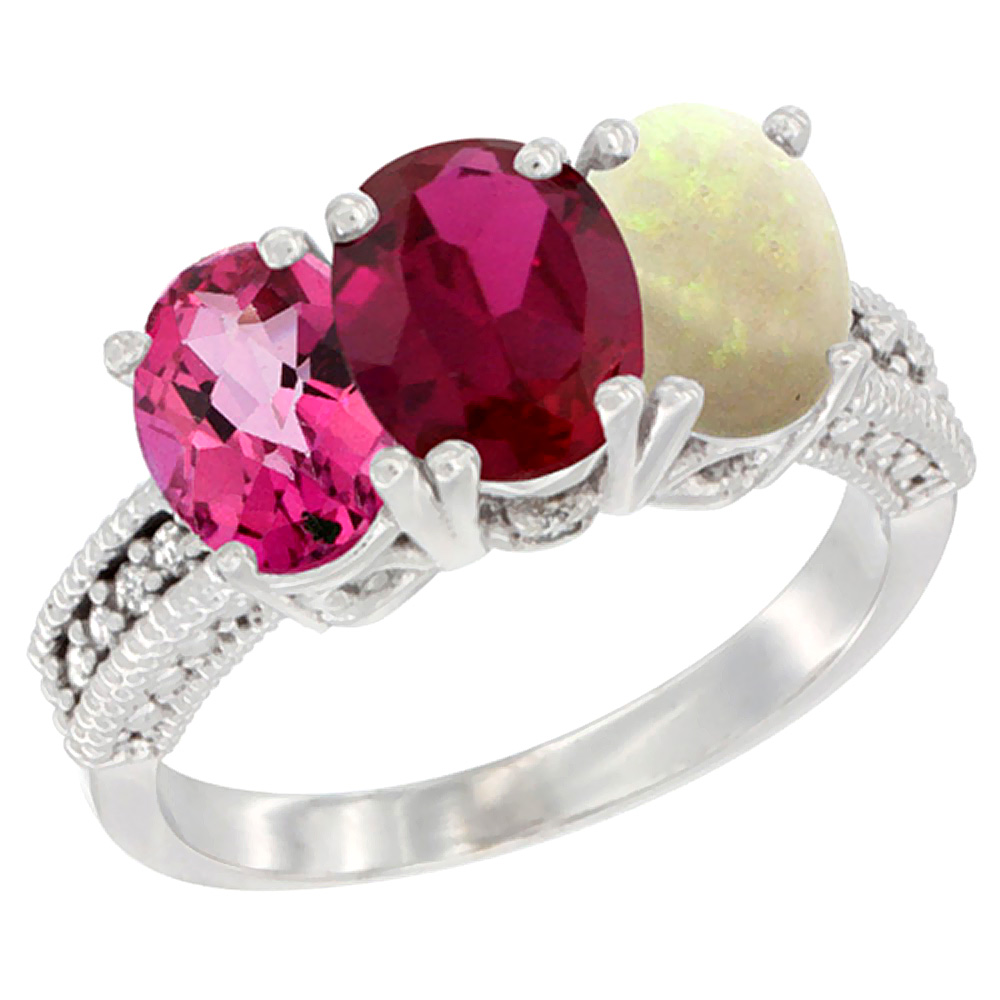 10K White Gold Natural Pink Topaz, Enhanced Ruby & Natural Opal Ring 3-Stone Oval 7x5 mm Diamond Accent, sizes 5 - 10