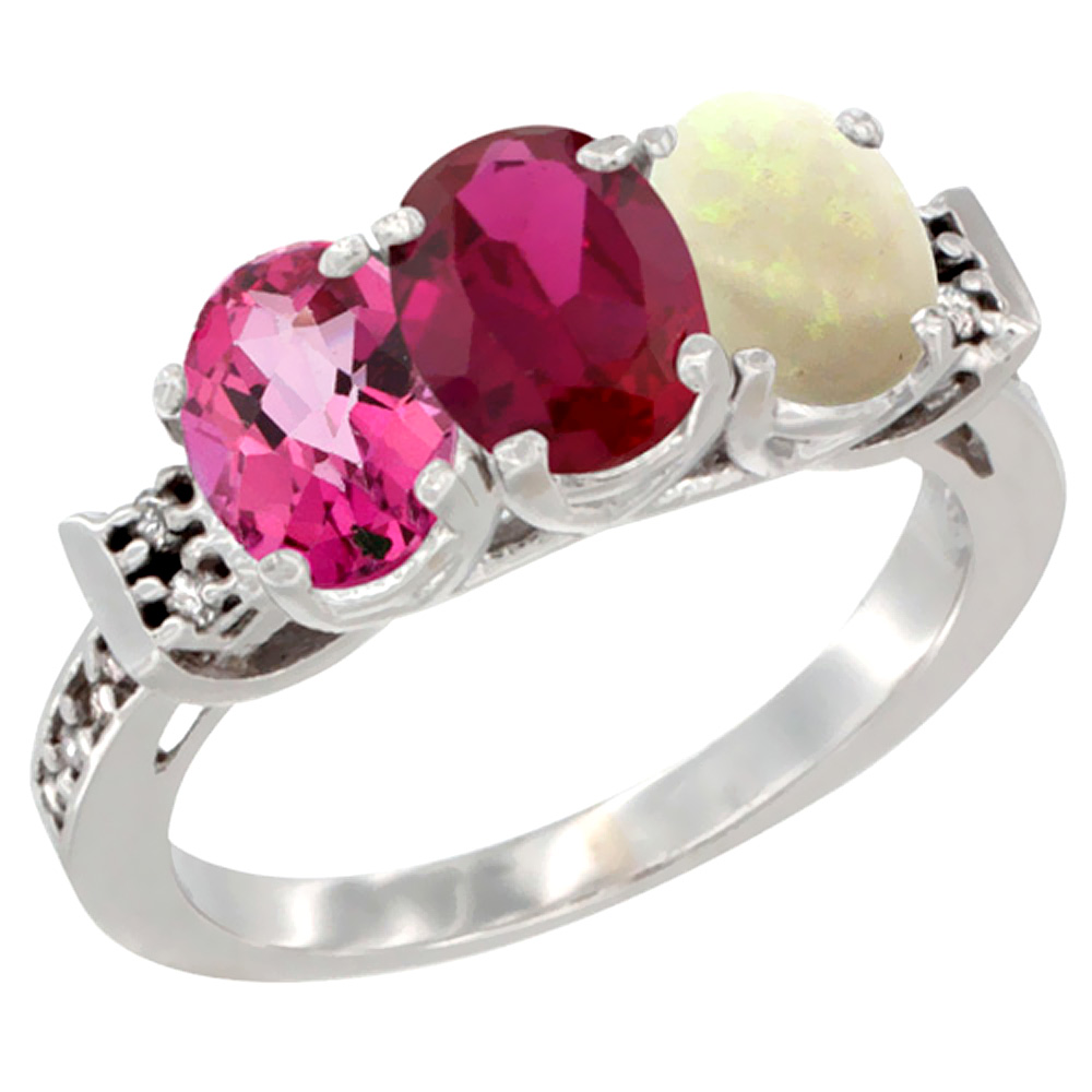 10K White Gold Natural Pink Topaz, Enhanced Ruby &amp; Natural Opal Ring 3-Stone Oval 7x5 mm Diamond Accent, sizes 5 - 10