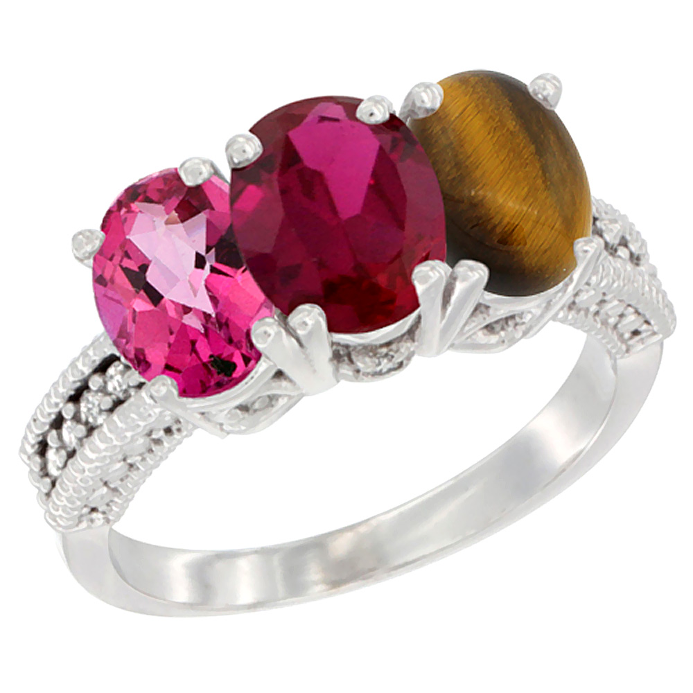 10K White Gold Natural Pink Topaz, Enhanced Ruby & Natural Tiger Eye Ring 3-Stone Oval 7x5 mm Diamond Accent, sizes 5 - 10