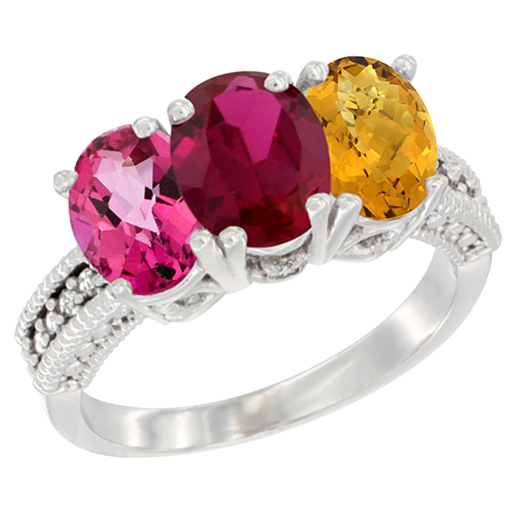 14K White Gold Natural Pink Topaz, Enhanced Ruby &amp; Natural Whisky Quartz Ring 3-Stone 7x5 mm Oval Diamond Accent, sizes 5 - 10