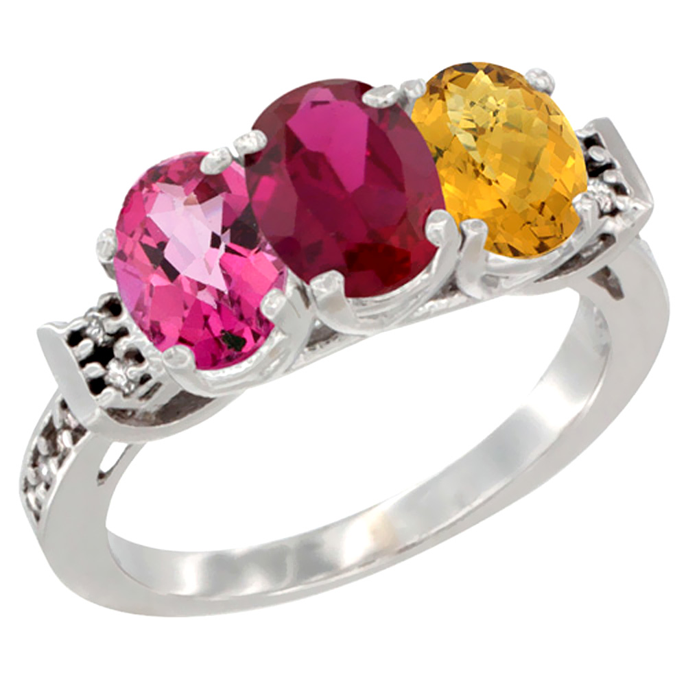 10K White Gold Natural Pink Topaz, Enhanced Ruby &amp; Natural Whisky Quartz Ring 3-Stone Oval 7x5 mm Diamond Accent, sizes 5 - 10