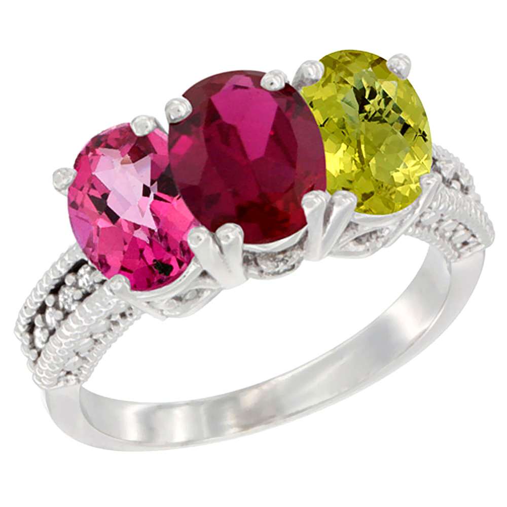 14K White Gold Natural Pink Topaz, Enhanced Ruby &amp; Natural Lemon Quartz Ring 3-Stone 7x5 mm Oval Diamond Accent, sizes 5 - 10