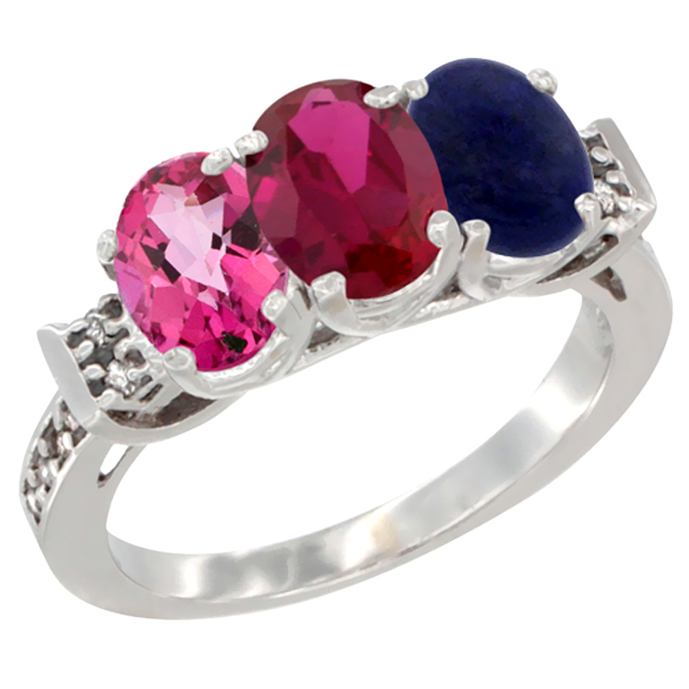 10K White Gold Natural Pink Topaz, Enhanced Ruby & Natural Lapis Ring 3-Stone Oval 7x5 mm Diamond Accent, sizes 5 - 10