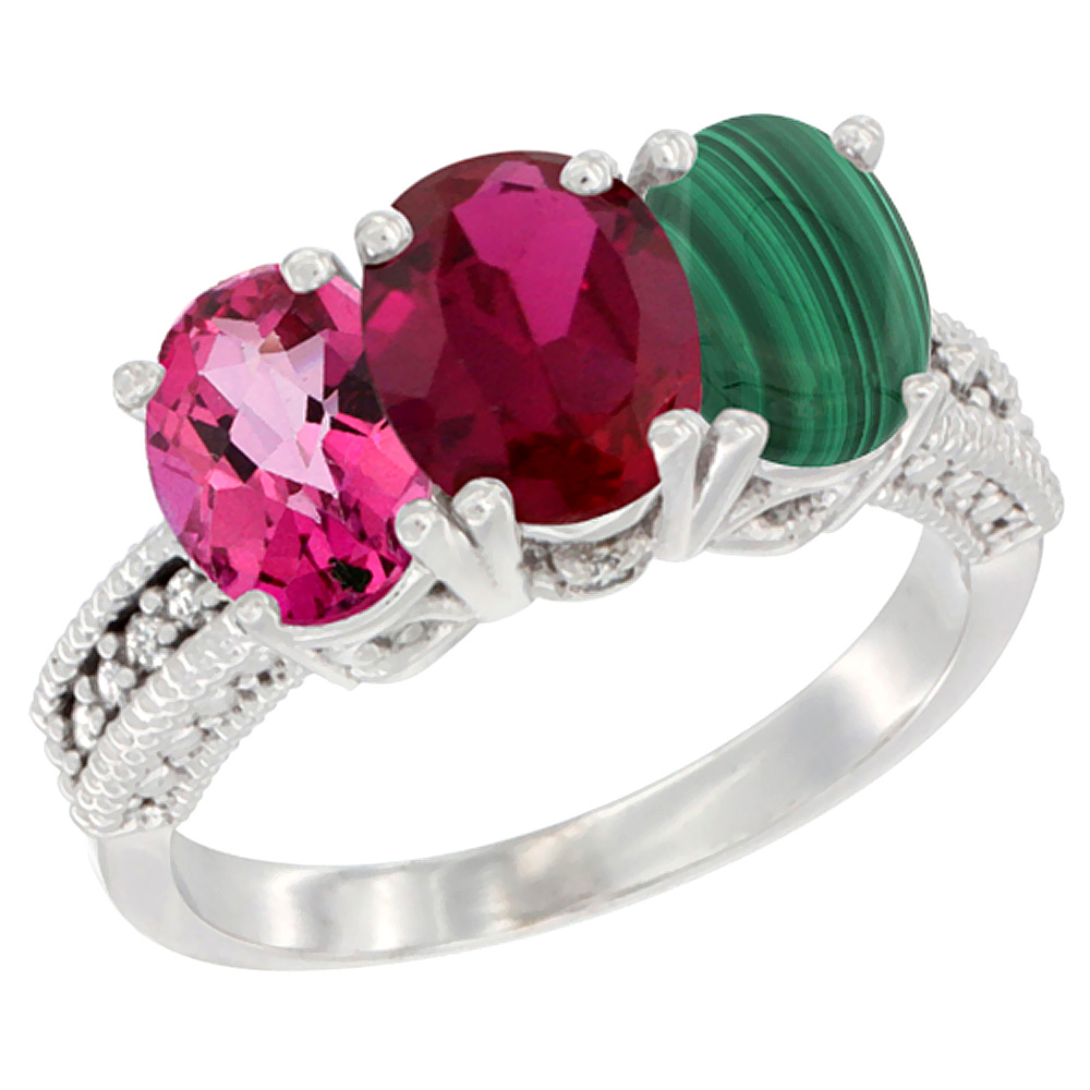 14K White Gold Natural Pink Topaz, Enhanced Ruby &amp; Natural Malachite Ring 3-Stone 7x5 mm Oval Diamond Accent, sizes 5 - 10