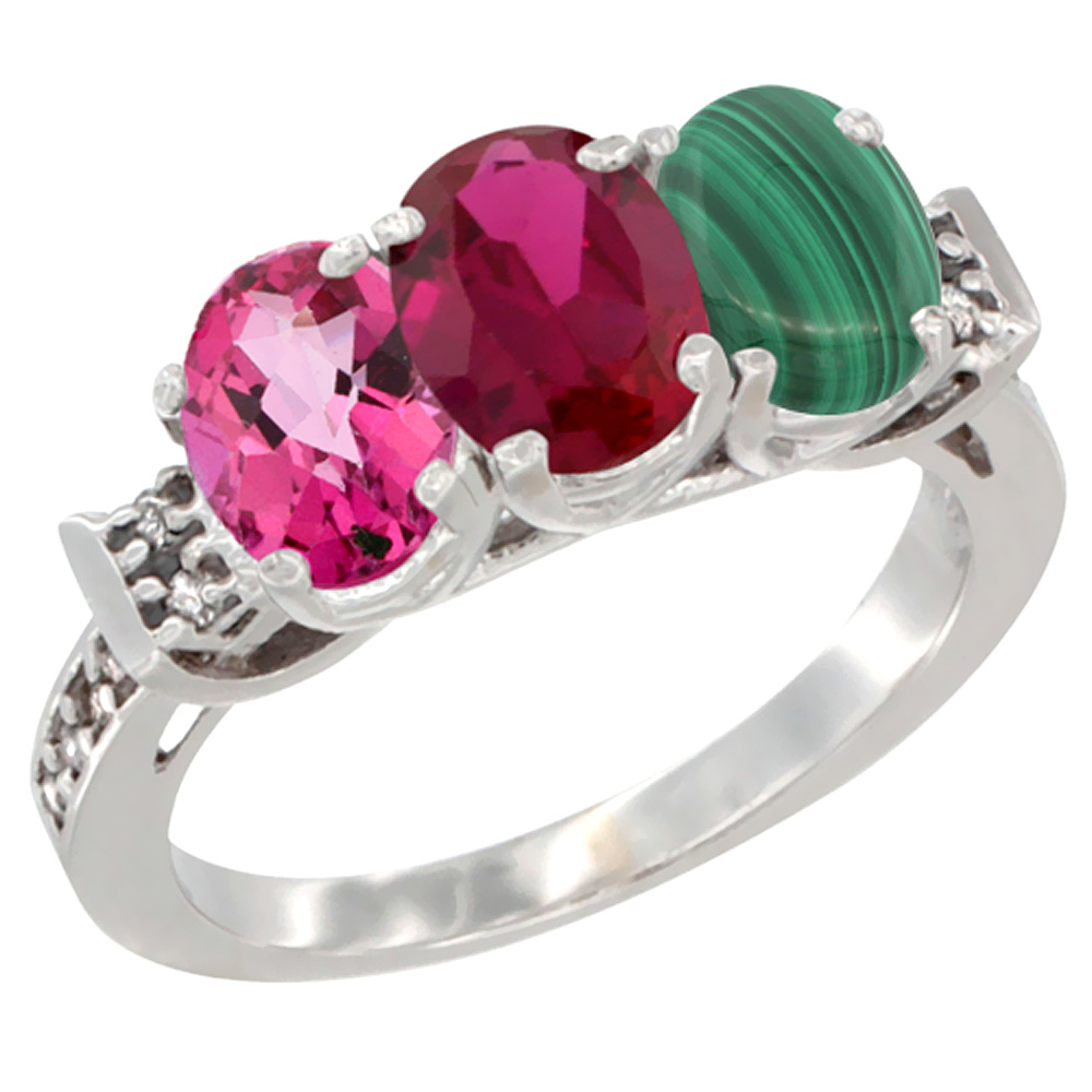 14K White Gold Natural Pink Topaz, Enhanced Ruby & Natural Malachite Ring 3-Stone Oval 7x5 mm Diamond Accent, sizes 5 - 10