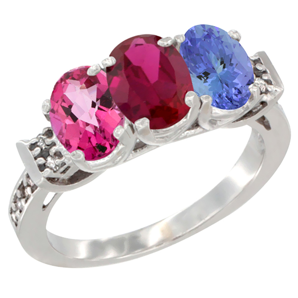 10K White Gold Natural Pink Topaz, Enhanced Ruby & Natural Tanzanite Ring 3-Stone Oval 7x5 mm Diamond Accent, sizes 5 - 10