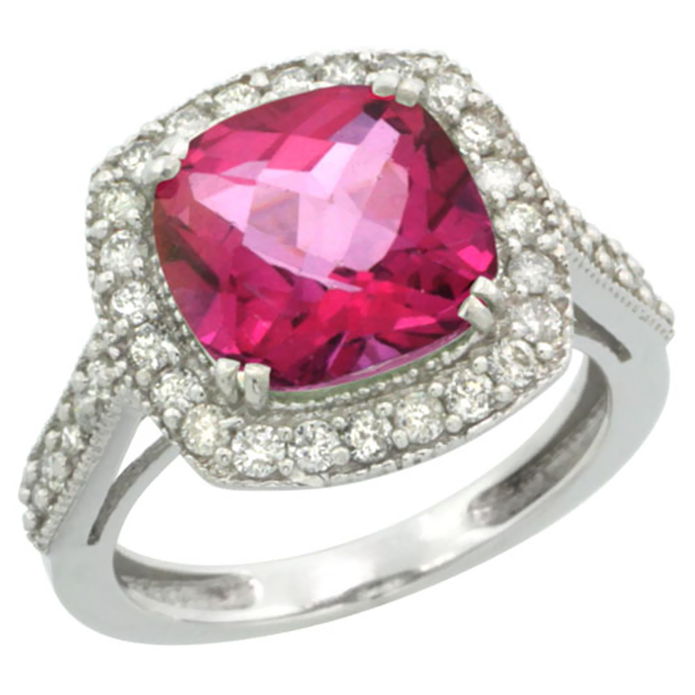 14K White Gold Natural Pink Topaz Ring Cushion-cut 9x9mm Diamond Halo, sizes 5-10