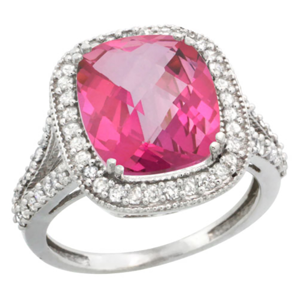 10k White Gold Natural Pink Topaz Ring Cushion-cut 12x10mm Diamond Halo, sizes 5-10