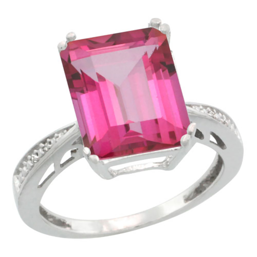 10K White Gold Diamond Natural Pink Topaz Ring Emerald-cut 12x10mm, sizes 5-10