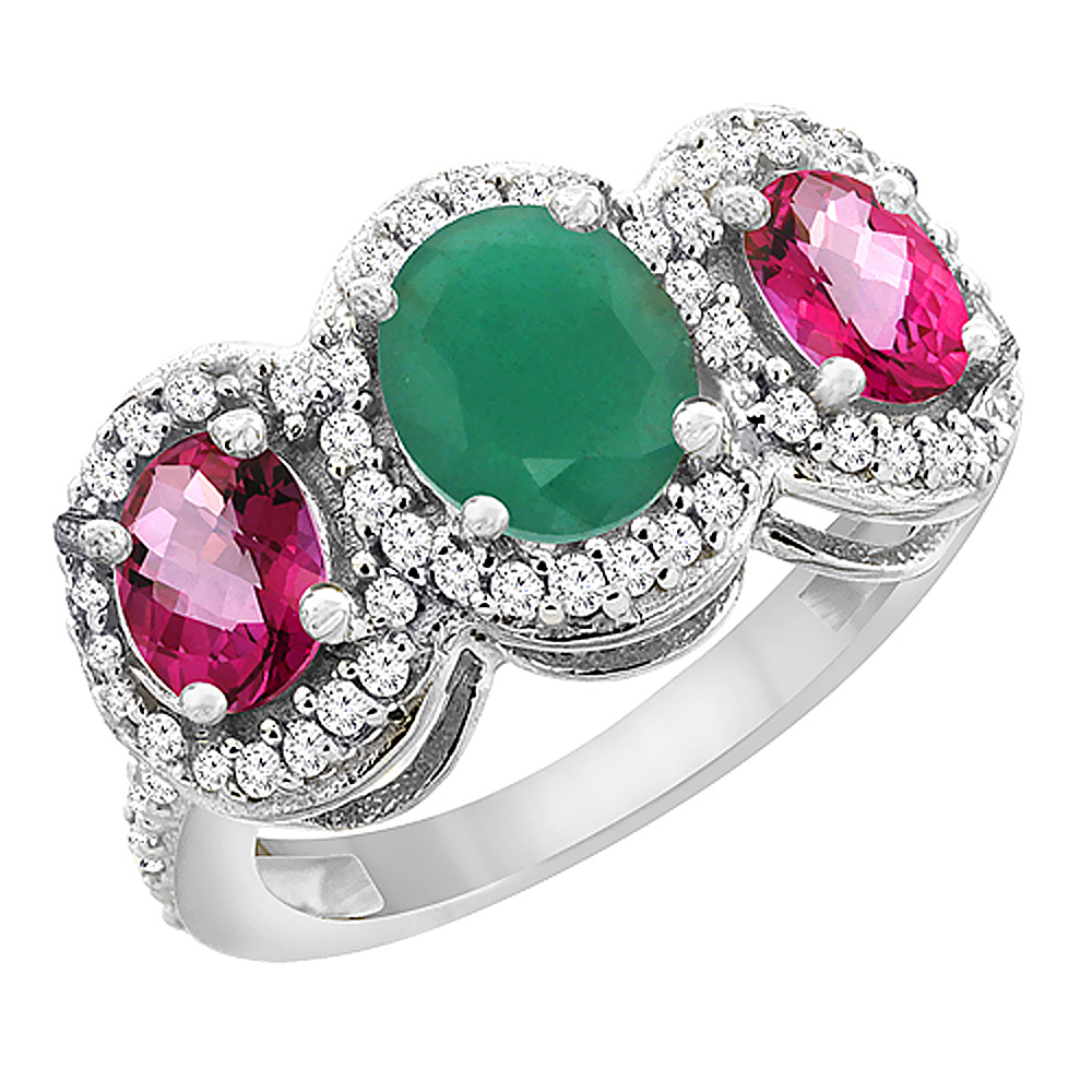 10K White Gold Natural Quality Emerald & Pink Topaz 3-stone Mothers Ring Oval Diamond Accent, size 5 - 10