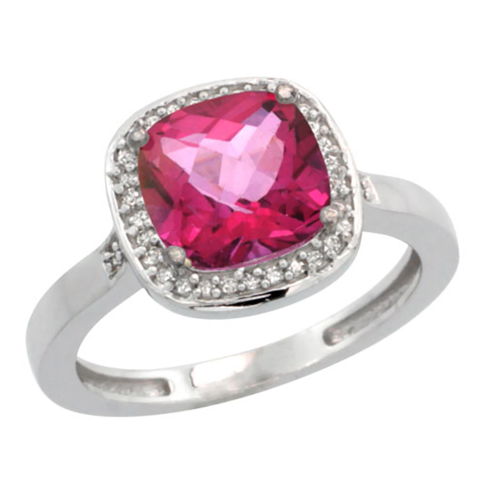 10K White Gold Diamond Natural Pink Topaz Ring Cushion-cut 8x8mm, sizes 5-10