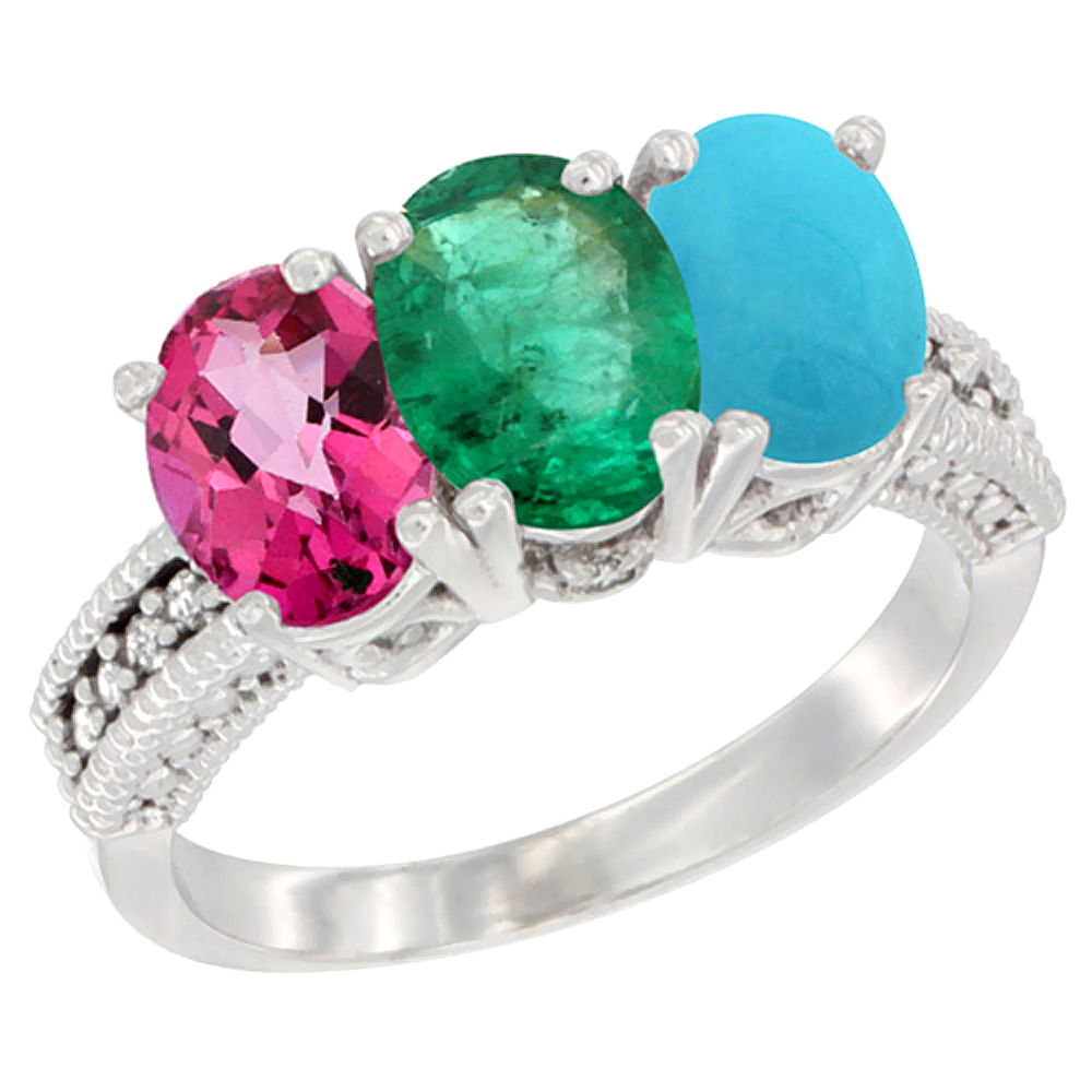 10K White Gold Natural Pink Topaz, Emerald &amp; Turquoise Ring 3-Stone Oval 7x5 mm Diamond Accent, sizes 5 - 10