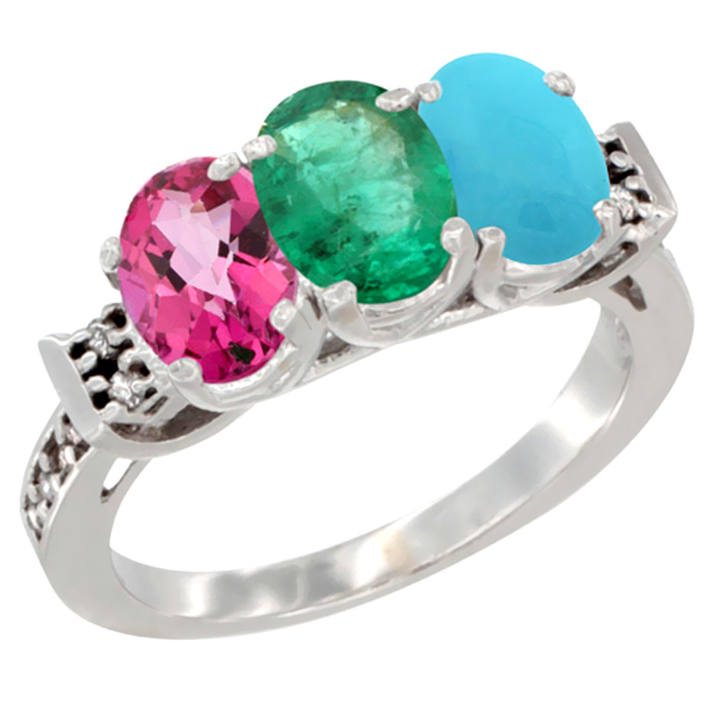 10K White Gold Natural Pink Topaz, Emerald & Turquoise Ring 3-Stone Oval 7x5 mm Diamond Accent, sizes 5 - 10