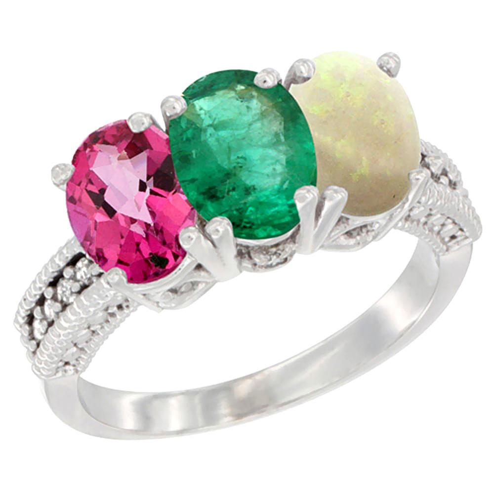 10K White Gold Natural Pink Topaz, Emerald &amp; Opal Ring 3-Stone Oval 7x5 mm Diamond Accent, sizes 5 - 10