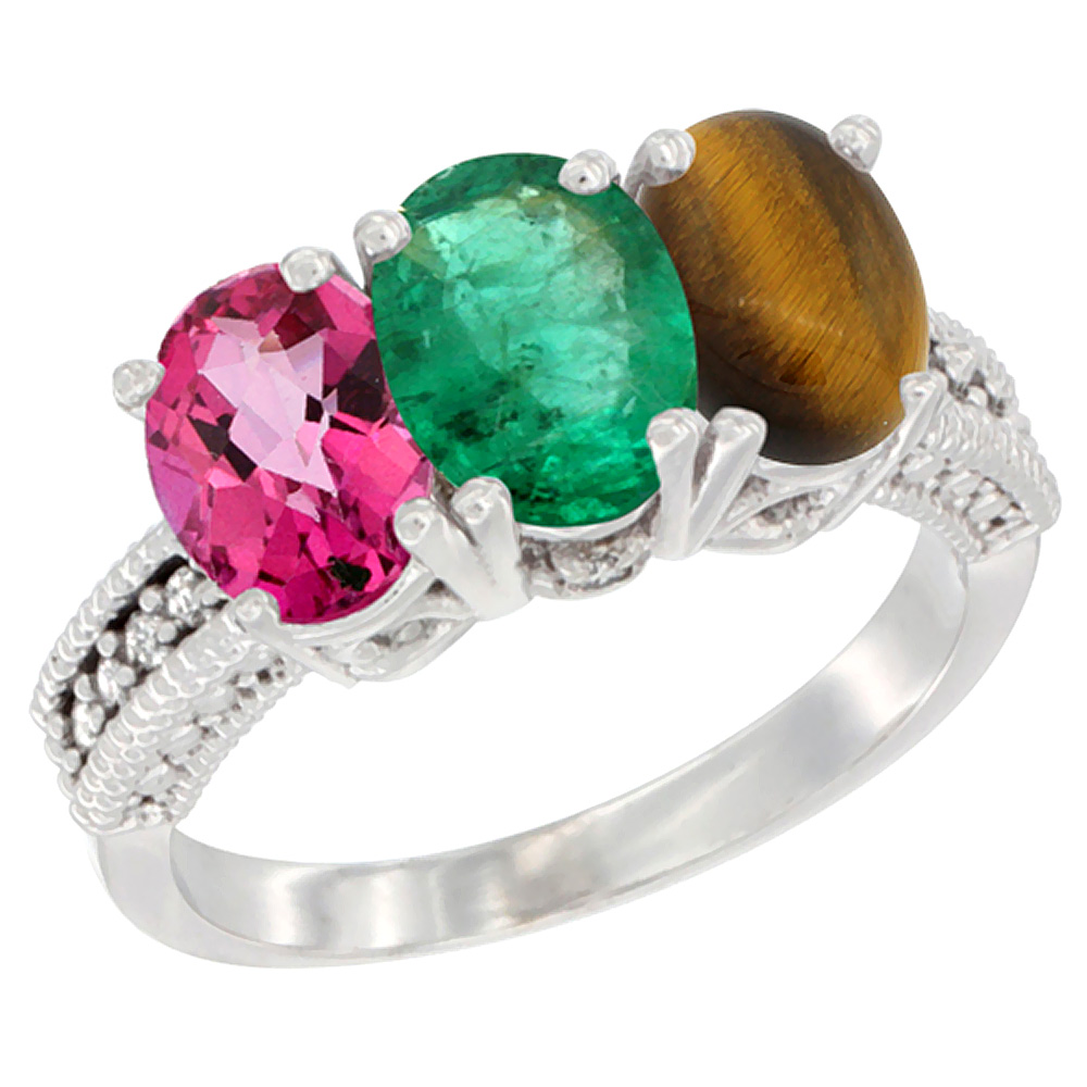 10K White Gold Natural Pink Topaz, Emerald & Tiger Eye Ring 3-Stone Oval 7x5 mm Diamond Accent, sizes 5 - 10