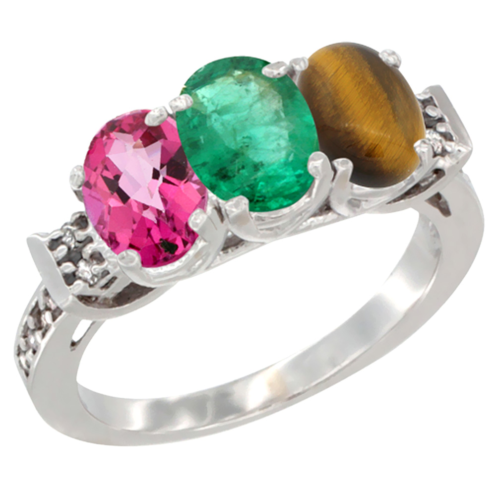 10K White Gold Natural Pink Topaz, Emerald &amp; Tiger Eye Ring 3-Stone Oval 7x5 mm Diamond Accent, sizes 5 - 10