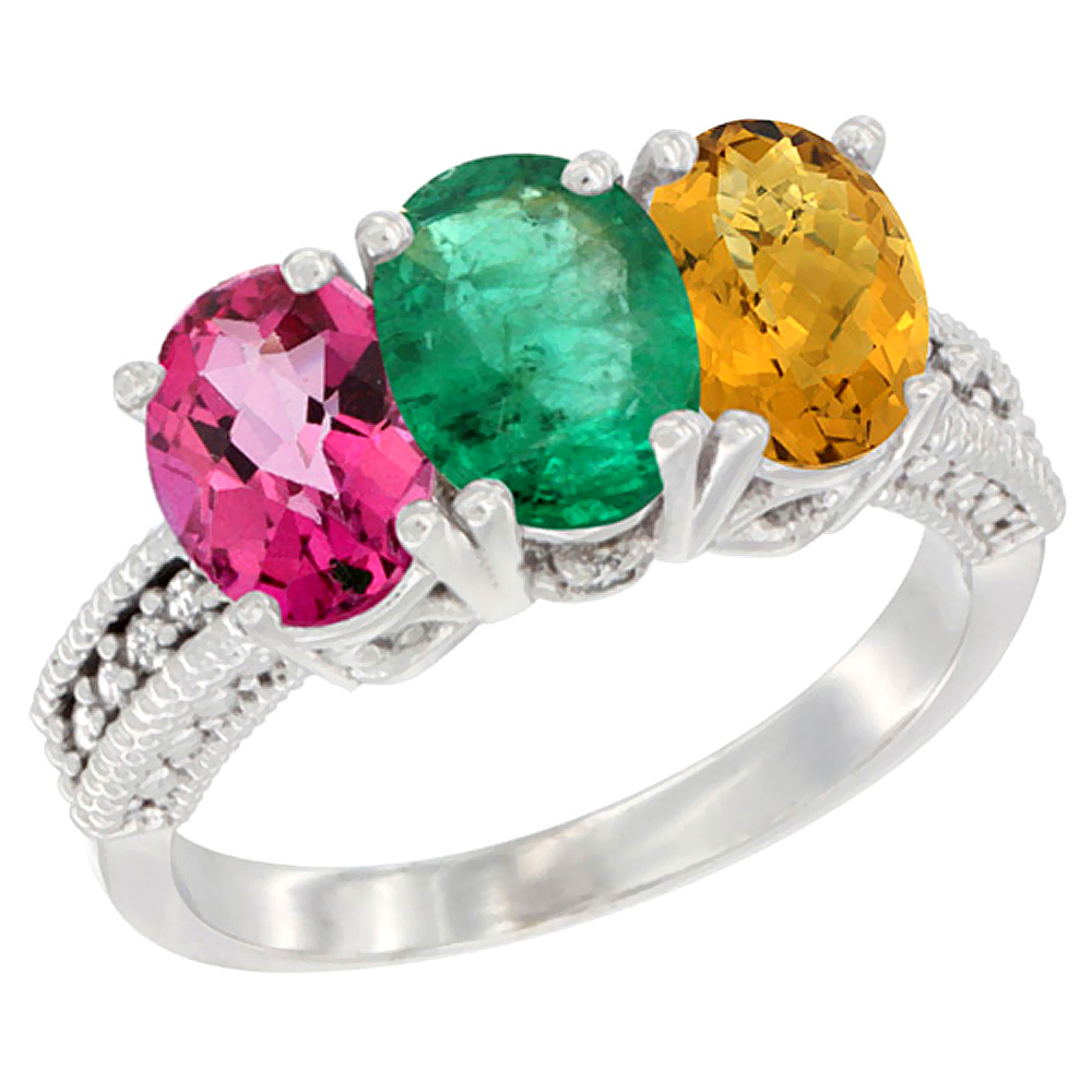 10K White Gold Natural Pink Topaz, Emerald & Whisky Quartz Ring 3-Stone Oval 7x5 mm Diamond Accent, sizes 5 - 10