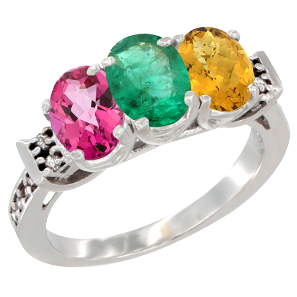 10K White Gold Natural Pink Topaz, Emerald & Whisky Quartz Ring 3-Stone Oval 7x5 mm Diamond Accent, sizes 5 - 10