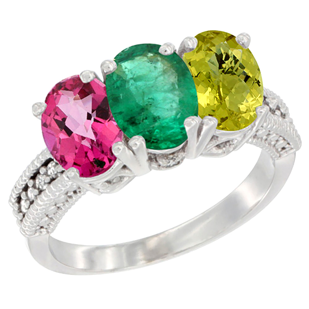 10K White Gold Natural Pink Topaz, Emerald & Lemon Quartz Ring 3-Stone Oval 7x5 mm Diamond Accent, sizes 5 - 10