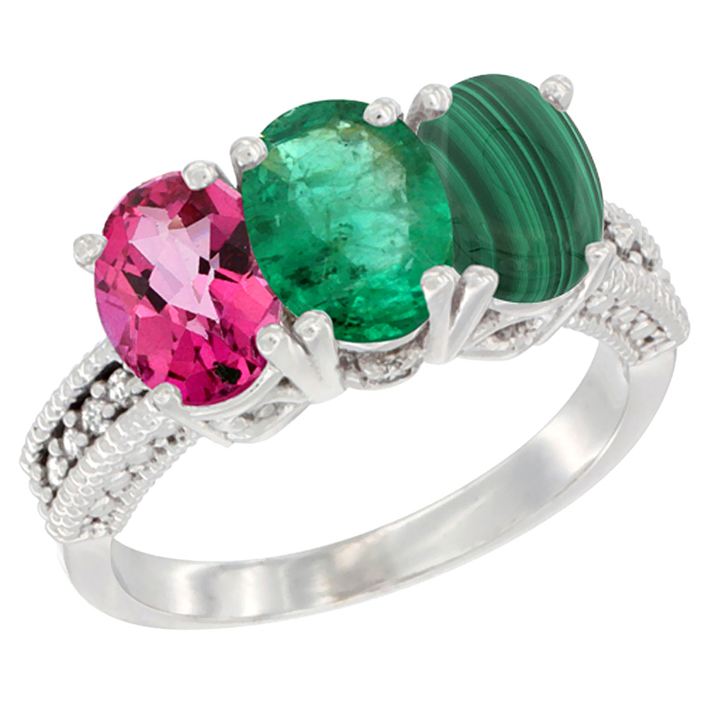 10K White Gold Natural Pink Topaz, Emerald & Malachite Ring 3-Stone Oval 7x5 mm Diamond Accent, sizes 5 - 10