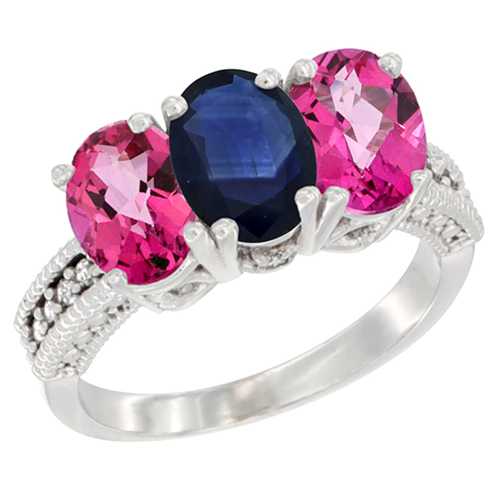 10K White Gold Natural Blue Sapphire &amp; Pink Topaz Sides Ring 3-Stone Oval 7x5 mm Diamond Accent, sizes 5 - 10