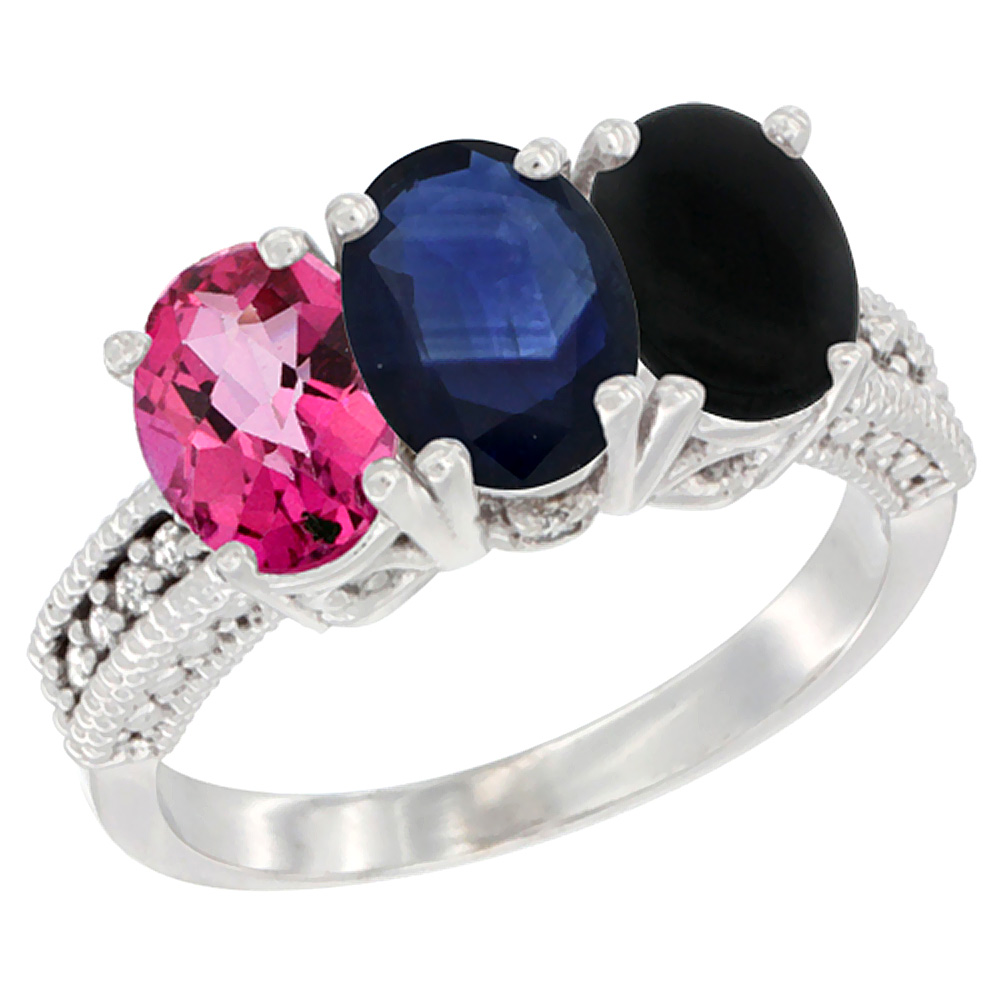 14K White Gold Natural Pink Topaz, Blue Sapphire &amp; Black Onyx Ring 3-Stone 7x5 mm Oval Diamond Accent, sizes 5 - 10