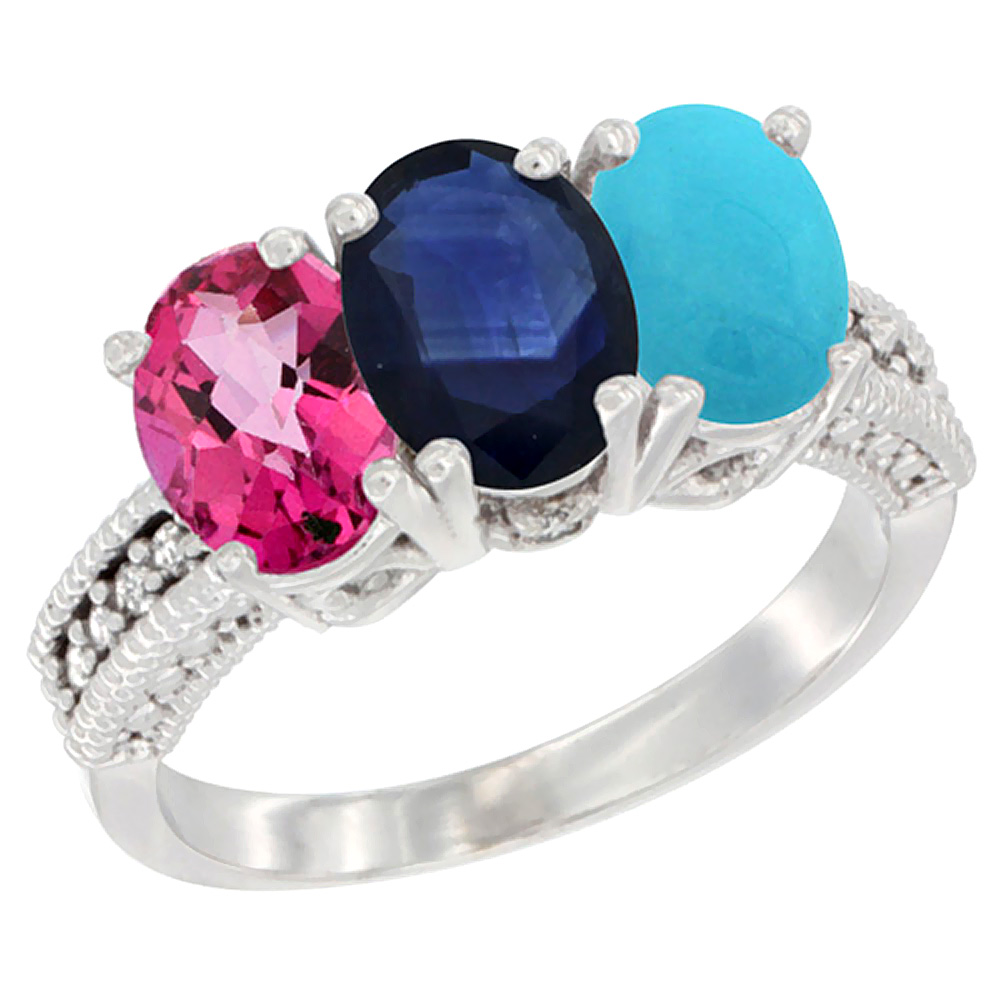 10K White Gold Natural Pink Topaz, Blue Sapphire & Turquoise Ring 3-Stone Oval 7x5 mm Diamond Accent, sizes 5 - 10