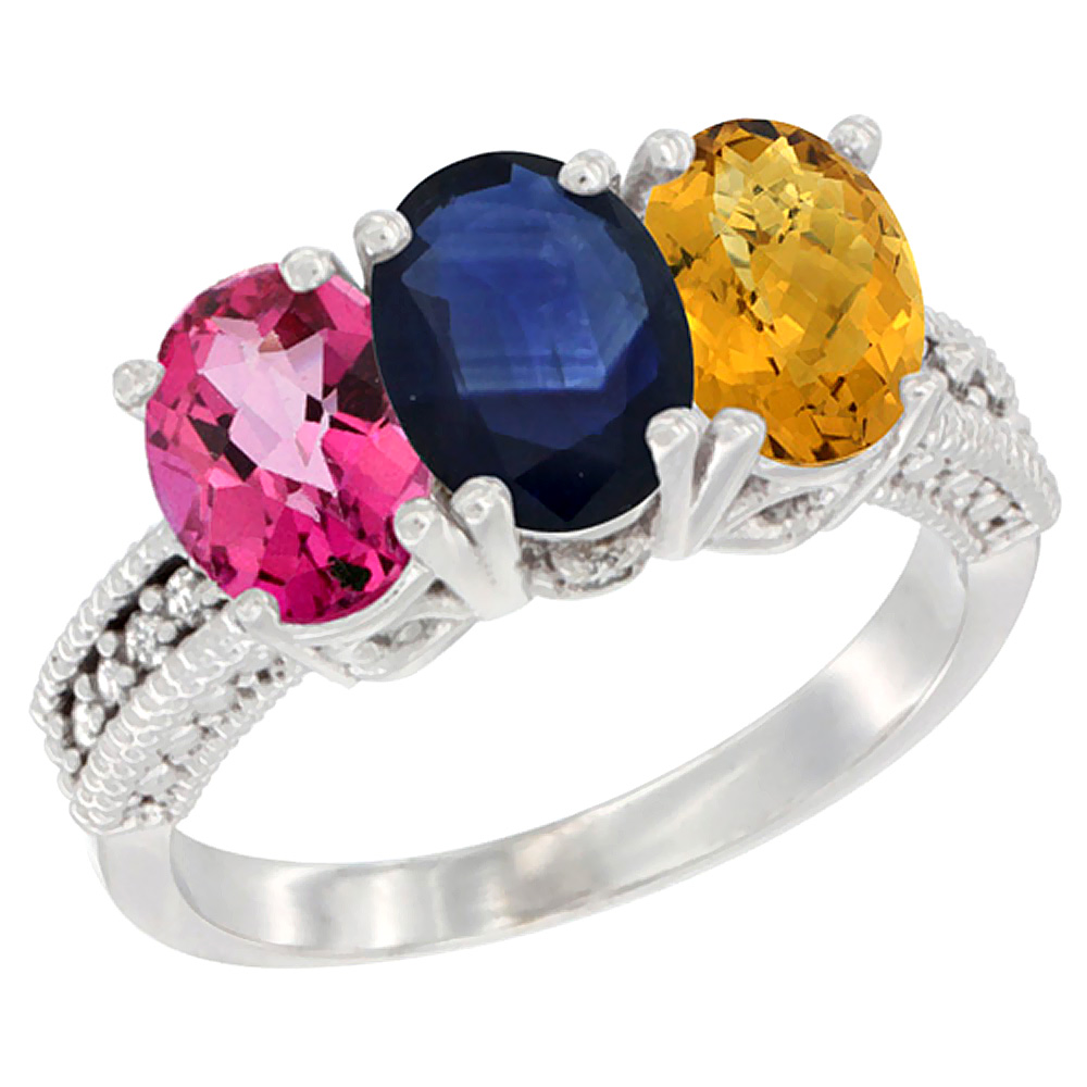 14K White Gold Natural Pink Topaz, Blue Sapphire &amp; Whisky Quartz Ring 3-Stone 7x5 mm Oval Diamond Accent, sizes 5 - 10