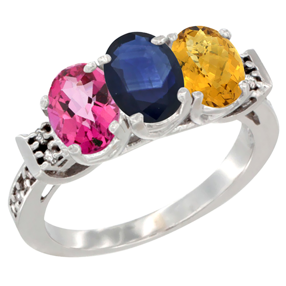 10K White Gold Natural Pink Topaz, Blue Sapphire &amp; Whisky Quartz Ring 3-Stone Oval 7x5 mm Diamond Accent, sizes 5 - 10