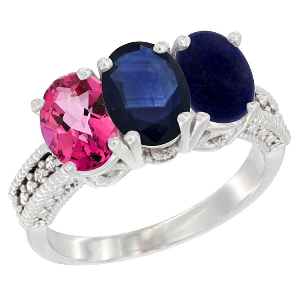 10K White Gold Natural Pink Topaz, Blue Sapphire &amp; Lapis Ring 3-Stone Oval 7x5 mm Diamond Accent, sizes 5 - 10