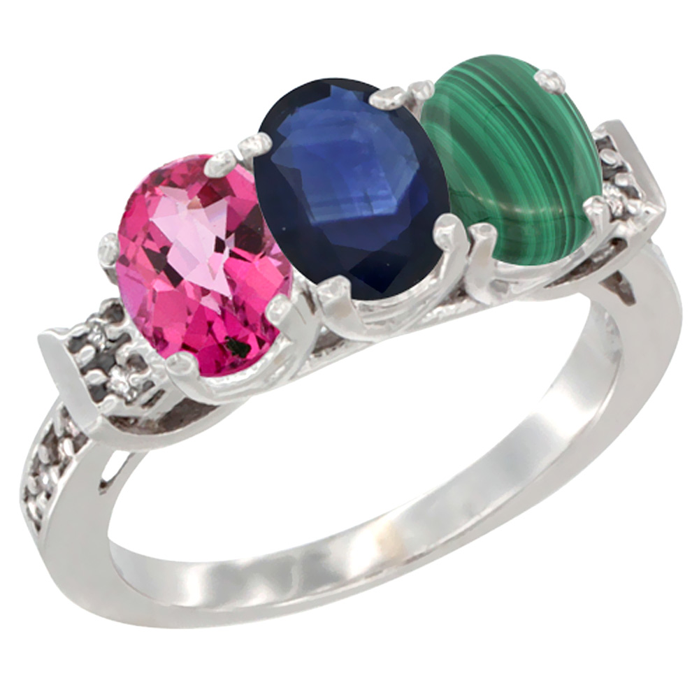 14K White Gold Natural Pink Topaz, Blue Sapphire &amp; Malachite Ring 3-Stone Oval 7x5 mm Diamond Accent, sizes 5 - 10