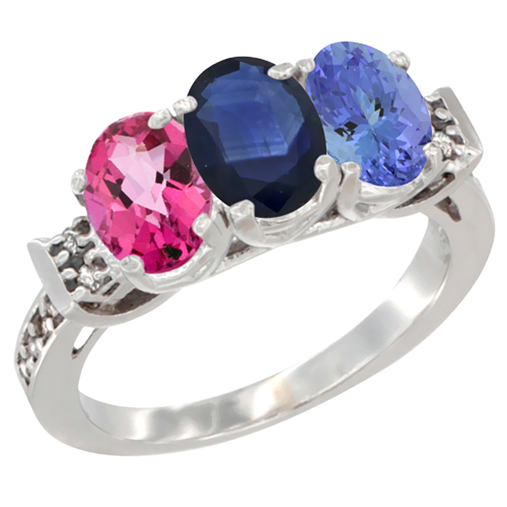 10K White Gold Natural Pink Topaz, Blue Sapphire & Tanzanite Ring 3-Stone Oval 7x5 mm Diamond Accent, sizes 5 - 10