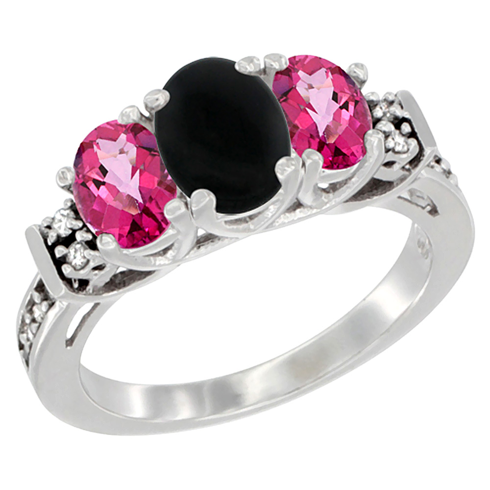 14K White Gold Natural Black Onyx &amp; Pink Topaz Ring 3-Stone Oval Diamond Accent, sizes 5-10